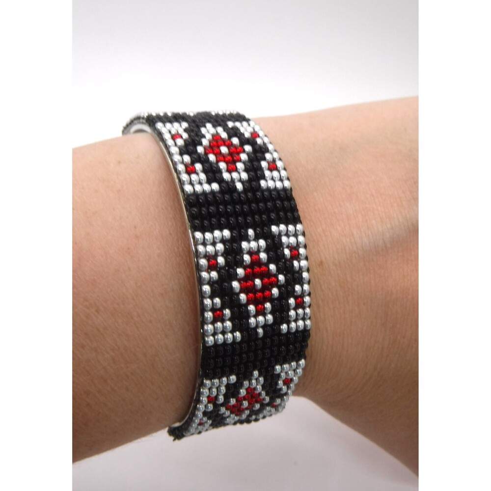Loom Beaded Bracelet Cuff Black, Silver & Red